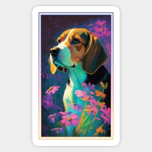 Beagle Vibrant Tropical Flower Tall Digital Oil Painting Portrait 2 Sticker